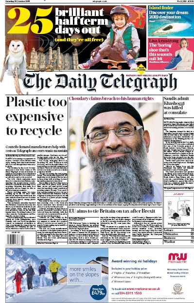 The Daily Telegraph Newspaper Front Page for 20 October 2018