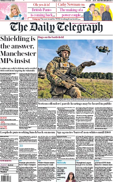 The Daily Telegraph Newspaper Front Page for 20 October 2020