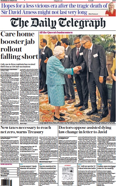 The Daily Telegraph (UK) Newspaper Front Page for 20 October 2021