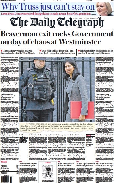 The Daily Telegraph Newspaper Front Page for 20 October 2022