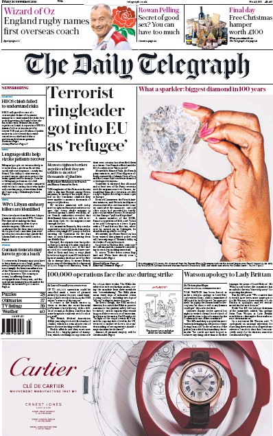 The Daily Telegraph Newspaper Front Page for 20 November 2015