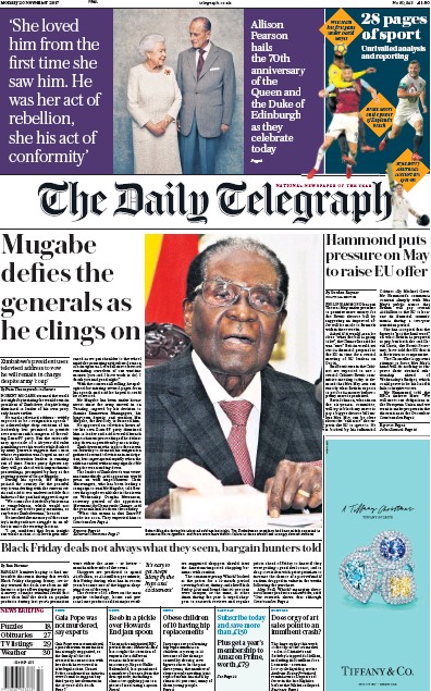 The Daily Telegraph Newspaper Front Page for 20 November 2017