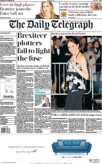 The Daily Telegraph Newspaper Front Page for 20 November 2018