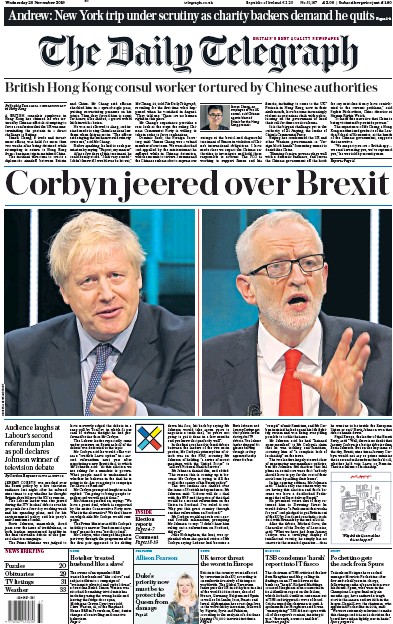 The Daily Telegraph Newspaper Front Page for 20 November 2019
