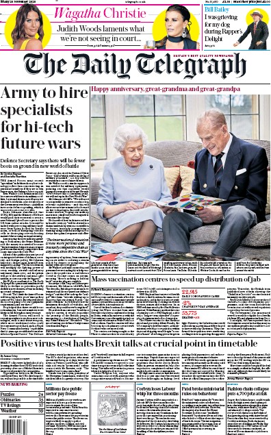 The Daily Telegraph (UK) Newspaper Front Page for 20 November 2020