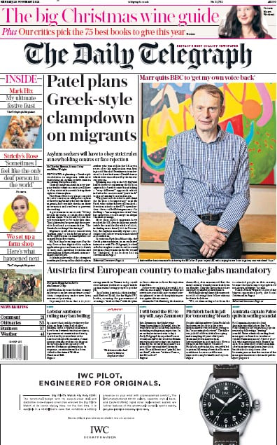 The Daily Telegraph (UK) Newspaper Front Page for 20 November 2021