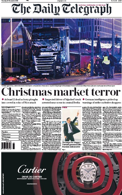 The Daily Telegraph Newspaper Front Page for 20 December 2016