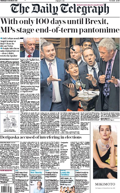 The Daily Telegraph Newspaper Front Page for 20 December 2018
