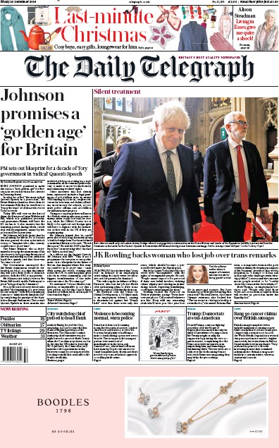 The Daily Telegraph Newspaper Front Page for 20 December 2019