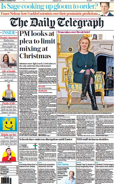 The Daily Telegraph (UK) Newspaper Front Page for 20 December 2021
