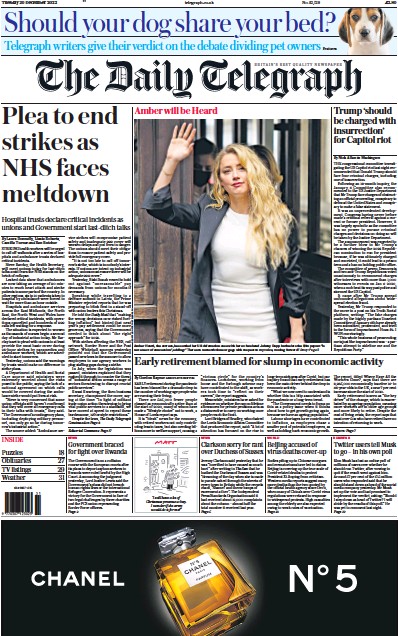 The Daily Telegraph Newspaper Front Page for 20 December 2022