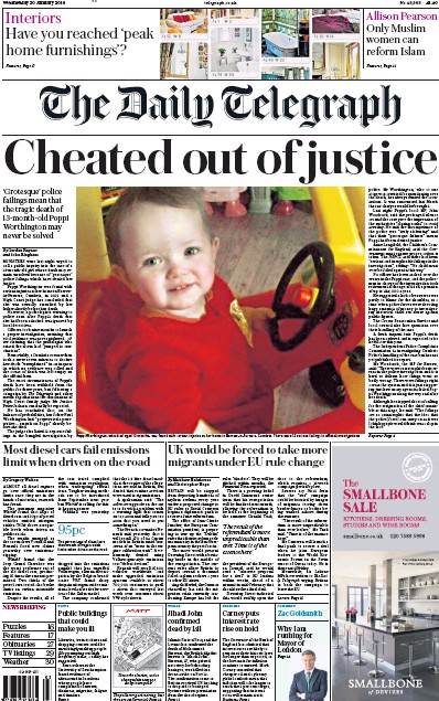 The Daily Telegraph Newspaper Front Page for 20 January 2016