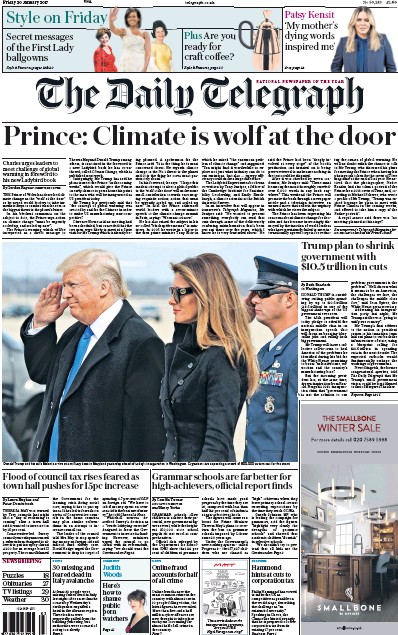 The Daily Telegraph Newspaper Front Page for 20 January 2017