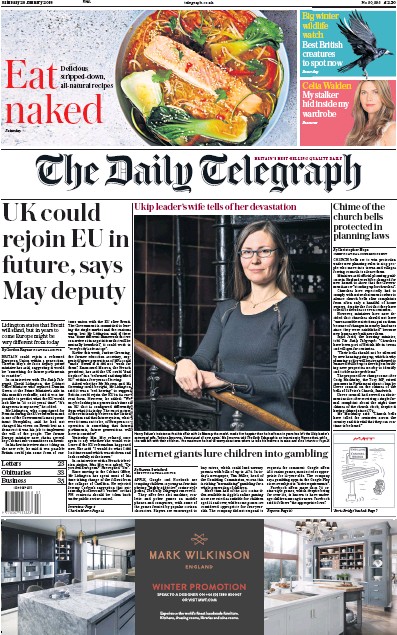 The Daily Telegraph Newspaper Front Page for 20 January 2018