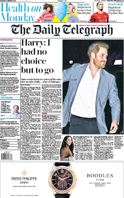 The Daily Telegraph (UK) Newspaper Front Page for 20 January 2020