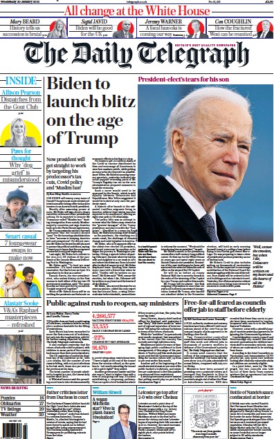 The Daily Telegraph Newspaper Front Page for 20 January 2021