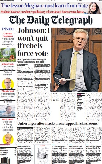 The Daily Telegraph (UK) Newspaper Front Page for 20 January 2022