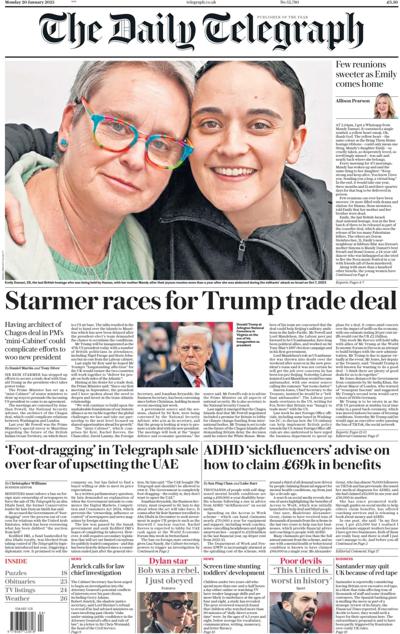 The Daily Telegraph (UK) Newspaper Front Page for 20 January 2025