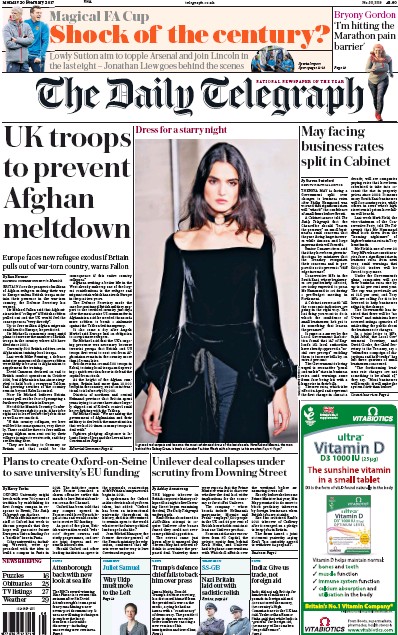 The Daily Telegraph Newspaper Front Page for 20 February 2017