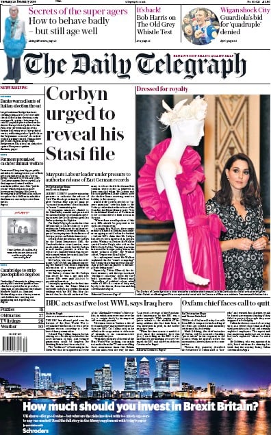 The Daily Telegraph (UK) Newspaper Front Page for 20 February 2018