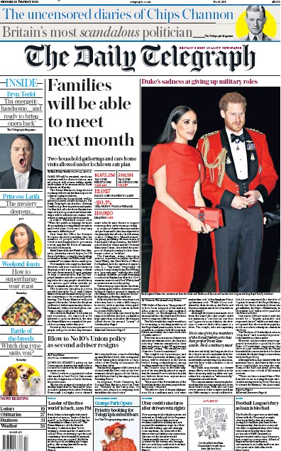 The Daily Telegraph (UK) Newspaper Front Page for 20 February 2021