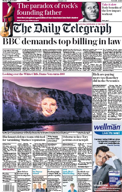 The Daily Telegraph Newspaper Front Page for 20 March 2017