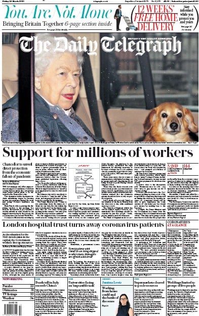 The Daily Telegraph Newspaper Front Page for 20 March 2020
