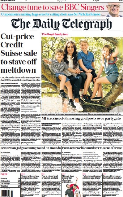 The Daily Telegraph (UK) Newspaper Front Page for 20 March 2023