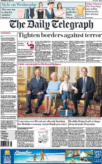 The Daily Telegraph (UK) Newspaper Front Page for 20 April 2016