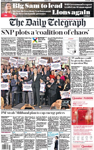 The Daily Telegraph Newspaper Front Page for 20 April 2017