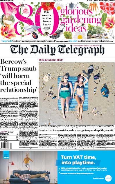 The Daily Telegraph Newspaper Front Page for 20 April 2019