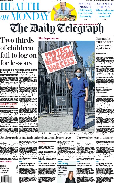 The Daily Telegraph Newspaper Front Page for 20 April 2020