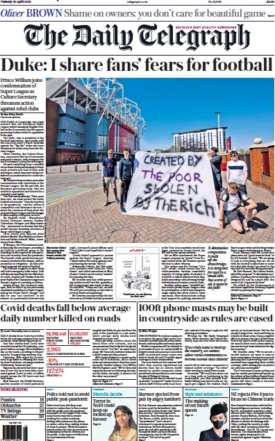 The Daily Telegraph (UK) Newspaper Front Page for 20 April 2021
