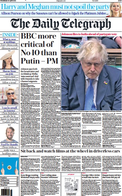 The Daily Telegraph (UK) Newspaper Front Page for 20 April 2022