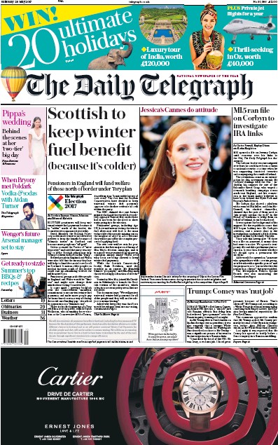 The Daily Telegraph Newspaper Front Page for 20 May 2017