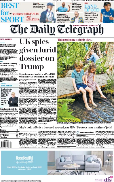 The Daily Telegraph Newspaper Front Page for 20 May 2019