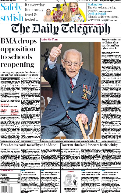 The Daily Telegraph Newspaper Front Page for 20 May 2020