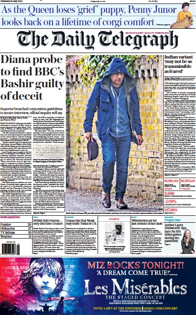 The Daily Telegraph Newspaper Front Page for 20 May 2021