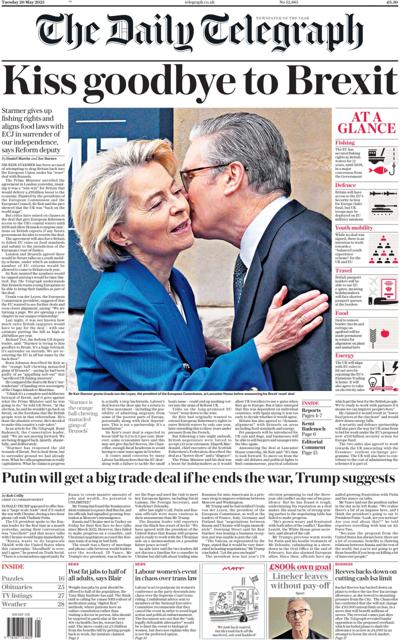 The Daily Telegraph Newspaper Front Page for 20 May 2025