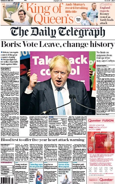 The Daily Telegraph (UK) Newspaper Front Page for 20 June 2016