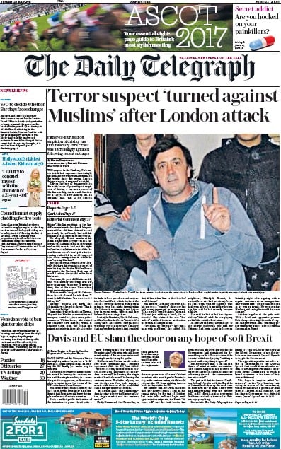 The Daily Telegraph Newspaper Front Page for 20 June 2017