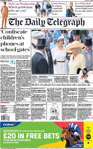 The Daily Telegraph Newspaper Front Page for 20 June 2018