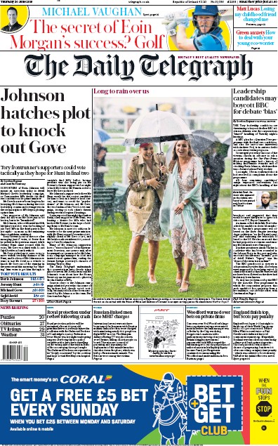 The Daily Telegraph Newspaper Front Page for 20 June 2019