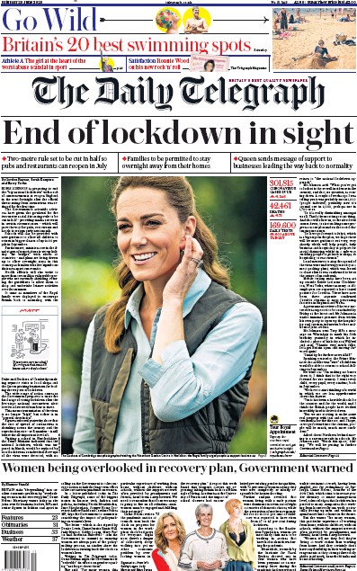 The Daily Telegraph Newspaper Front Page for 20 June 2020