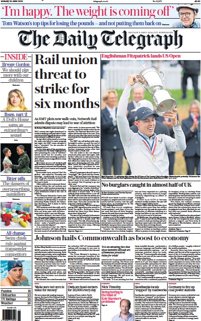 The Daily Telegraph (UK) Newspaper Front Page for 20 June 2022