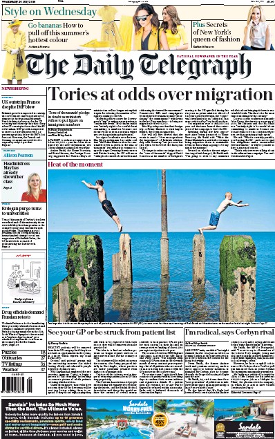 The Daily Telegraph Newspaper Front Page for 20 July 2016