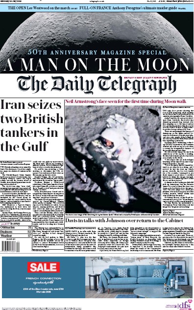 The Daily Telegraph Newspaper Front Page for 20 July 2019