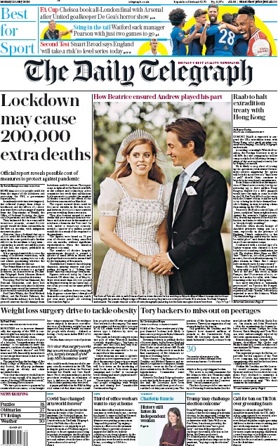 The Daily Telegraph Newspaper Front Page for 20 July 2020
