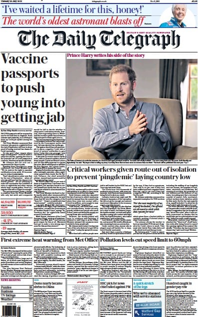 The Daily Telegraph (UK) Newspaper Front Page for 20 July 2021