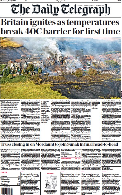 The Daily Telegraph (UK) Newspaper Front Page for 20 July 2022